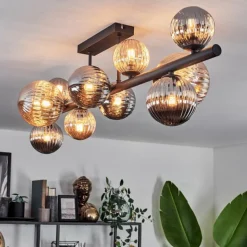 Plafonnier - Verre 10 cm, 12 cm, 15 cm Chehalis Ambre, Fumé, 10 lumières