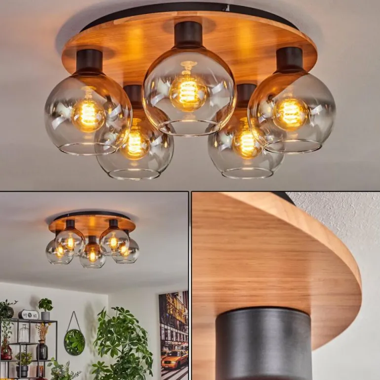 Plafonnier - Verre Koyoto Écru, Noir, 5 lumières