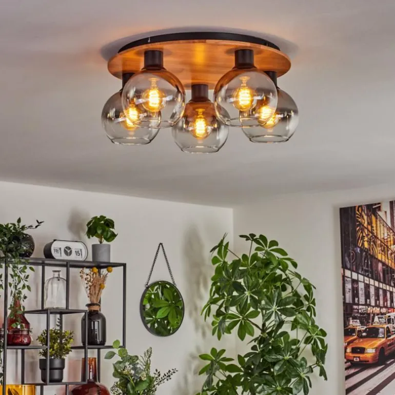 Plafonnier - Verre Koyoto Écru, Noir, 5 lumières