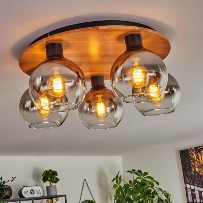 Plafonnier - Verre Koyoto Écru, Noir, 5 lumières