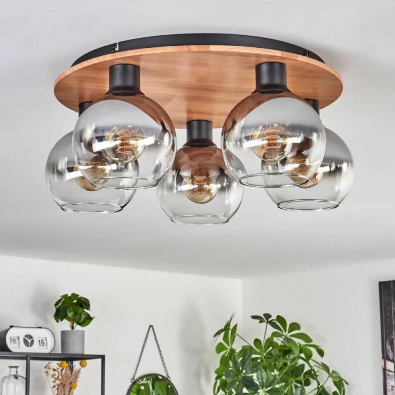 Plafonnier - Verre Koyoto Écru, Noir, 5 lumières