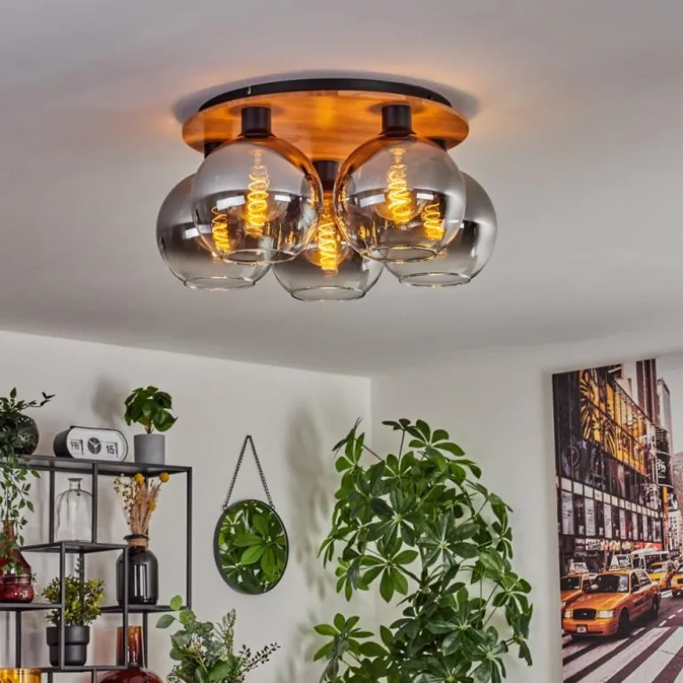 Plafonnier - Verre Koyoto Écru, Noir, 5 lumières