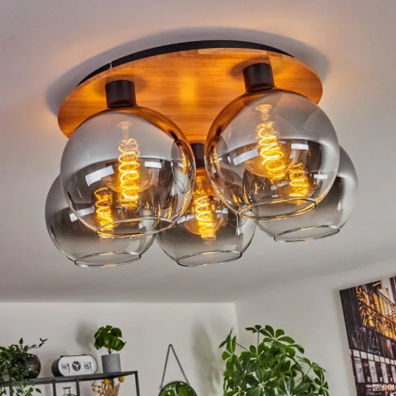 Plafonnier - Verre Koyoto Écru, Noir, 5 lumières