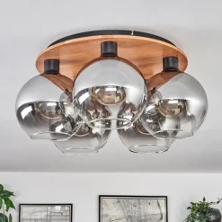 Plafonnier - Verre Koyoto Écru, Noir, 5 lumières