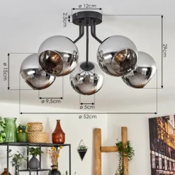 Plafonnier - Verre Koyoto Chrome, Fumé, 5 lumières