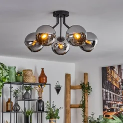 Plafonnier - Verre Koyoto Chrome, Fumé, 5 lumières