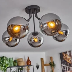 Plafonnier - Verre Koyoto Chrome, Fumé, 5 lumières