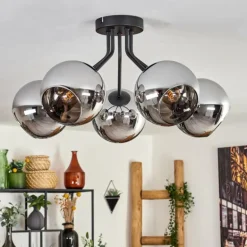 Plafonnier - Verre Koyoto Chrome, Fumé, 5 lumières