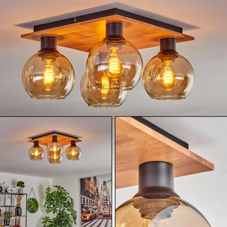 Plafonnier - Verre Koyoto Écru, Noir, 4 lumières