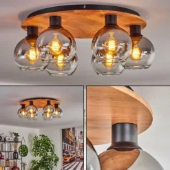 Plafonnier - Verre Koyoto Écru, Noir, 6 lumières