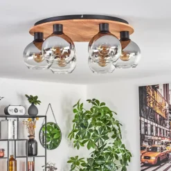 Plafonnier - Verre Koyoto Écru, Noir, 6 lumières