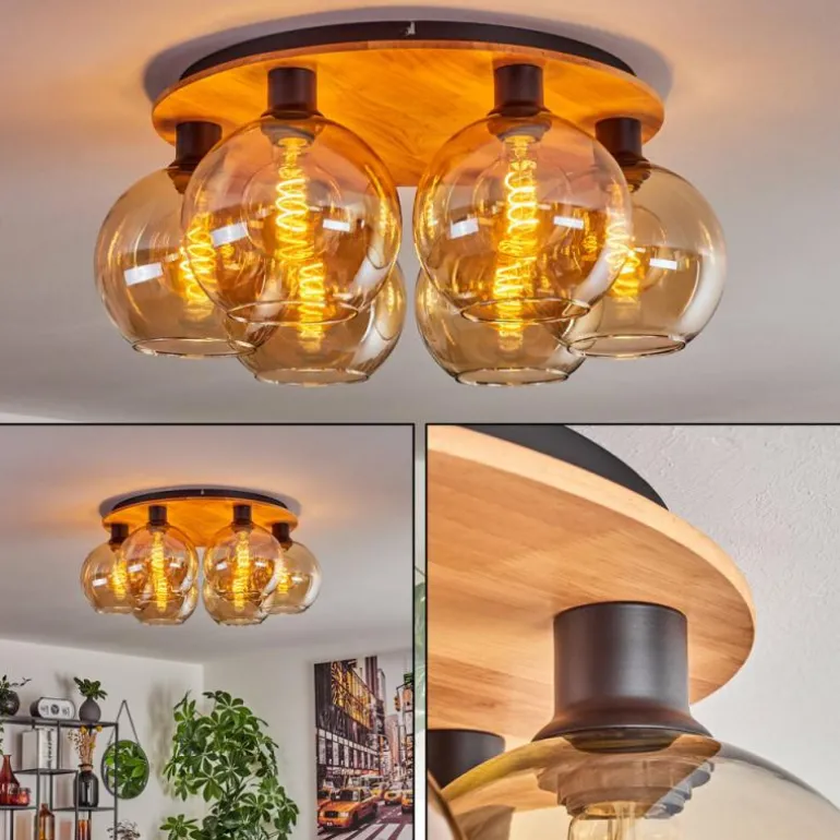 Plafonnier - Verre Koyoto Écru, Noir, 6 lumières