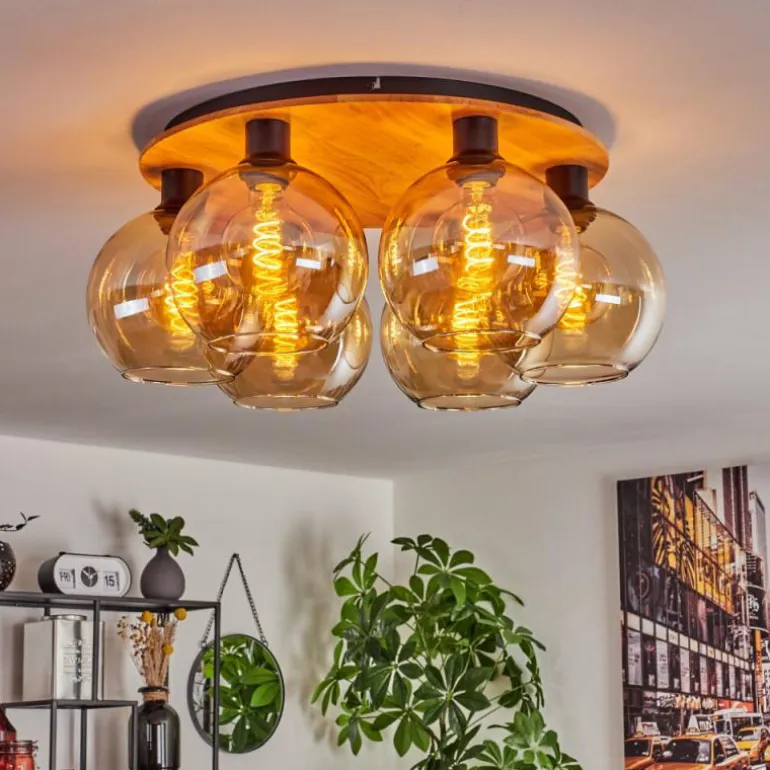 Plafonnier - Verre Koyoto Écru, Noir, 6 lumières