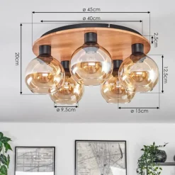 Plafonnier - Verre Koyoto Écru, Noir, 5 lumières