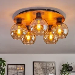 Plafonnier - Verre Koyoto Écru, Noir, 5 lumières