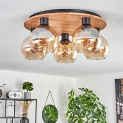 Plafonnier - Verre Koyoto Écru, Noir, 5 lumières