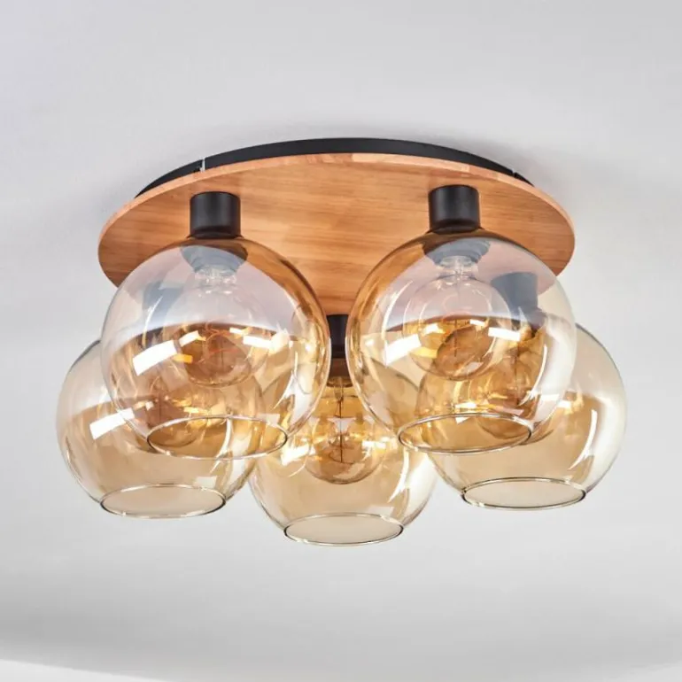 Plafonnier - Verre Koyoto Écru, Noir, 5 lumières