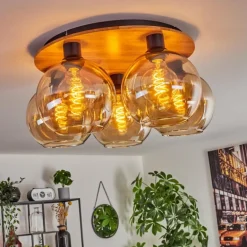 Plafonnier - Verre Koyoto Écru, Noir, 5 lumières