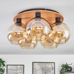 Plafonnier - Verre Koyoto Écru, Noir, 5 lumières