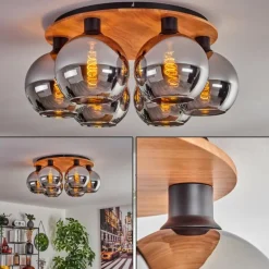 Plafonnier - Verre Koyoto Écru, Noir, 6 lumières