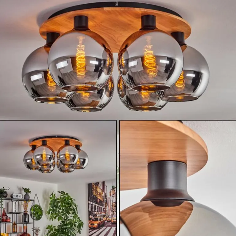 Plafonnier - Verre Koyoto Écru, Noir, 6 lumières