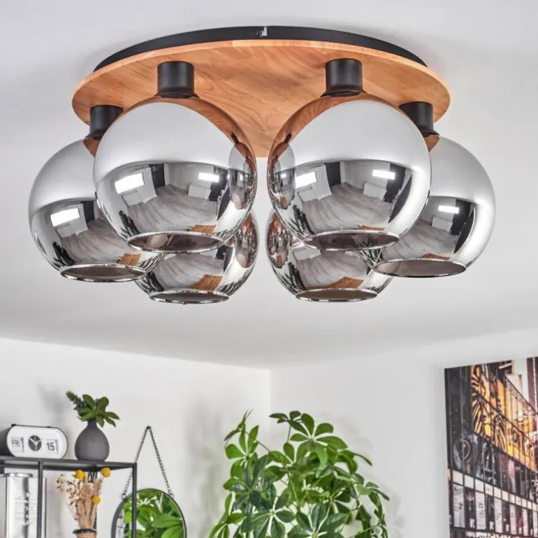 Plafonnier - Verre Koyoto Écru, Noir, 6 lumières