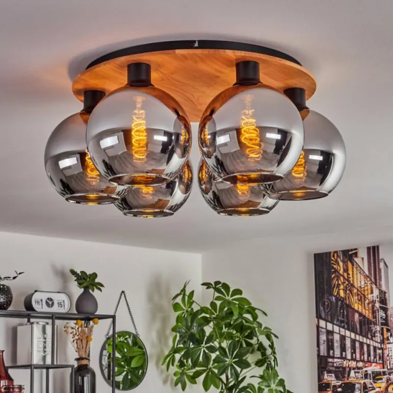 Plafonnier - Verre Koyoto Écru, Noir, 6 lumières