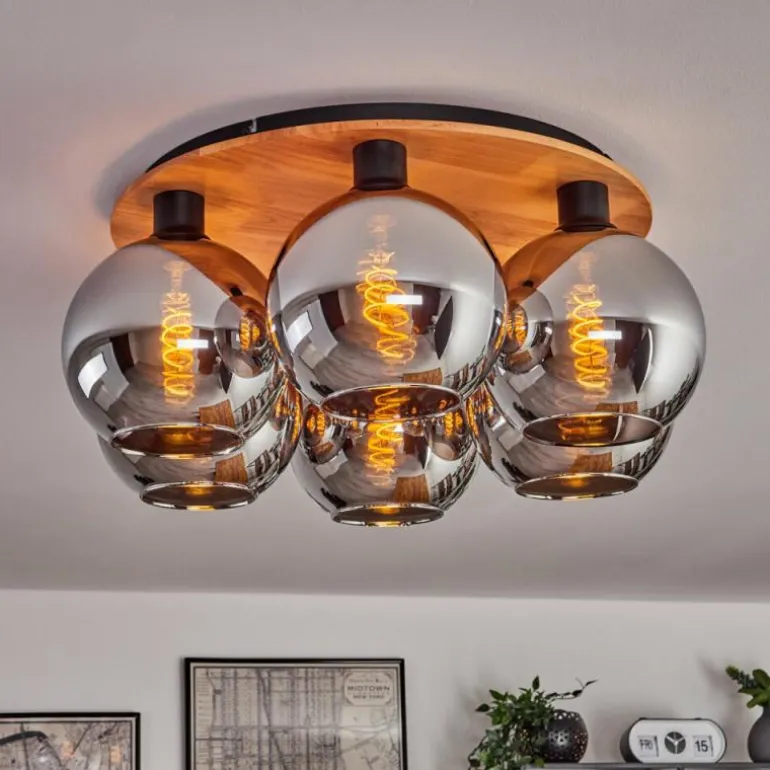 Plafonnier - Verre Koyoto Écru, Noir, 6 lumières