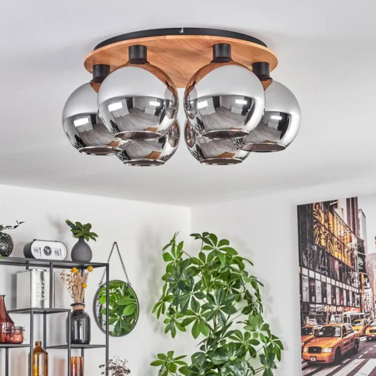 Plafonnier - Verre Koyoto Écru, Noir, 6 lumières