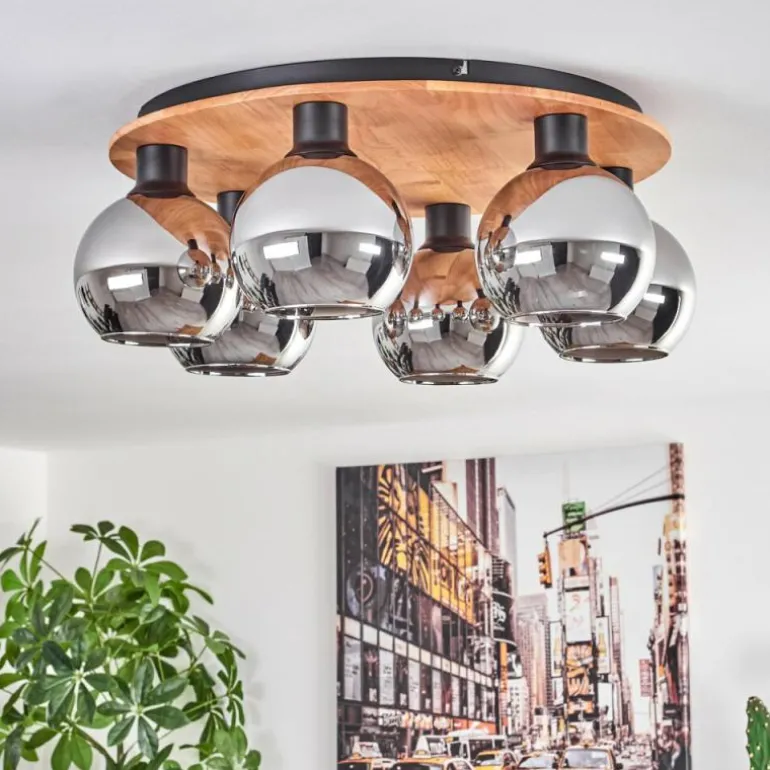 Plafonnier - Verre Koyoto Écru, Noir, 6 lumières