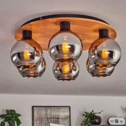 Plafonnier - Verre Koyoto Écru, Noir, 6 lumières