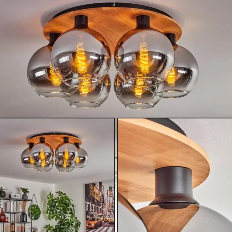 Plafonnier - Verre Koyoto Écru, Noir, 6 lumières