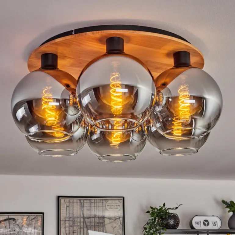 Plafonnier - Verre Koyoto Écru, Noir, 6 lumières