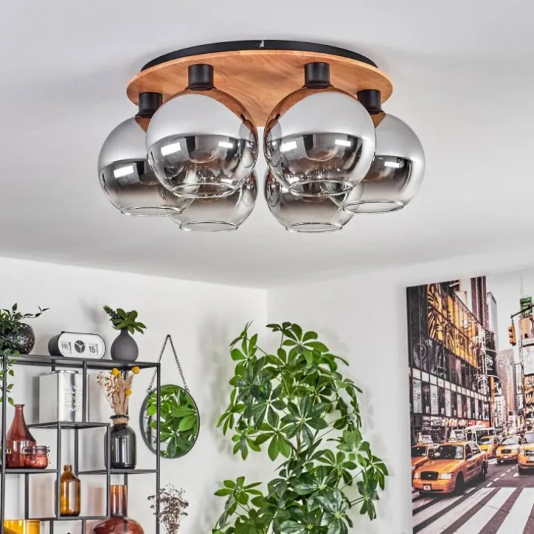 Plafonnier - Verre Koyoto Écru, Noir, 6 lumières