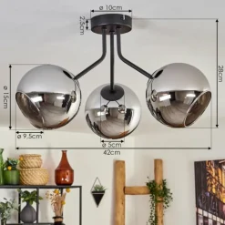 Plafonnier - Verre Koyoto Chrome, Fumé, 3 lumières