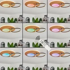 Plafonnier Abonakope LED Couleur bois, Écru, Noir, 2 lumières, Télécommandes, Changeur de couleurs