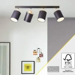 Plafonnier Brilliant Vonnie Bois clair, Noir, 4 lumières