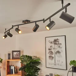 Plafonnier Javel Brun, Gris, Couleur bois, Noir, 6 lumières