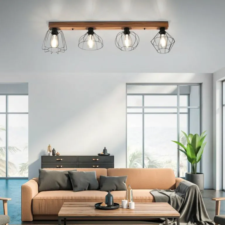 Plafonnier Leuchten-Direkt KASKA Couleur bois, Noir, 4 lumières