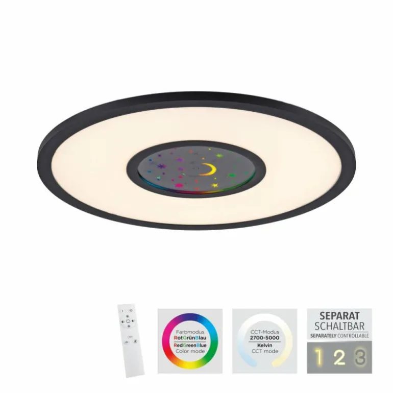Plafonnier Leuchten-Direkt ASTRO LED Noir, 2 lumières, Télécommandes, Changeur de couleurs