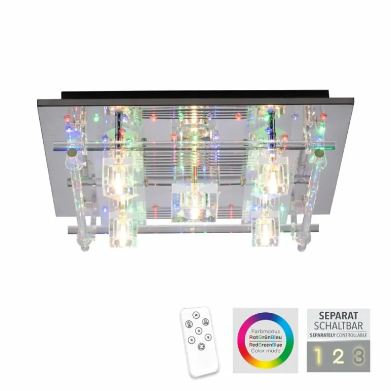 Plafonnier Leuchten-Direkt KEMAL2.0 LED Acier brossé, 68 lumières, Télécommandes, Changeur de couleurs