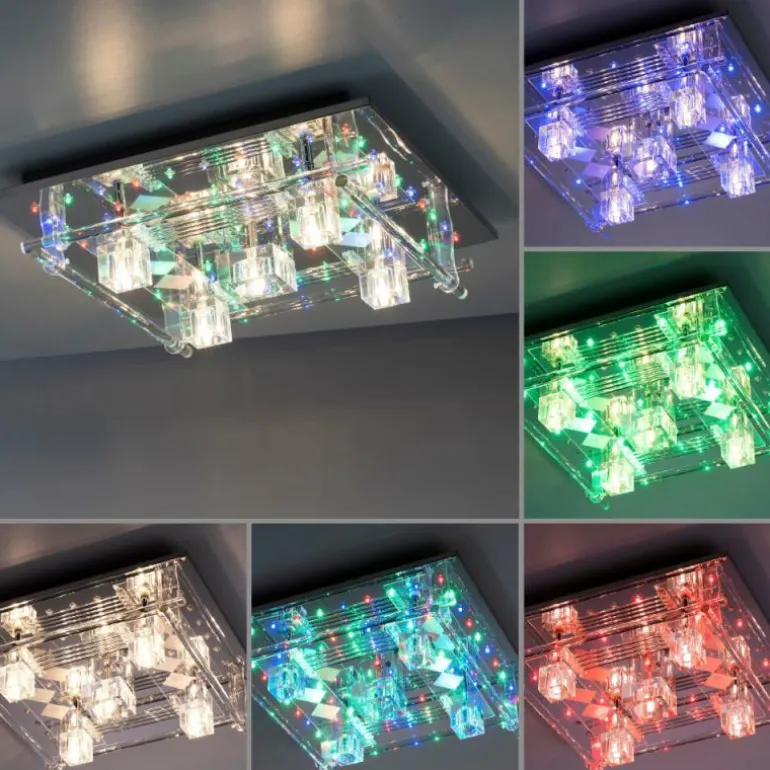 Plafonnier Leuchten-Direkt KEMAL2.0 LED Acier brossé, 68 lumières, Télécommandes, Changeur de couleurs