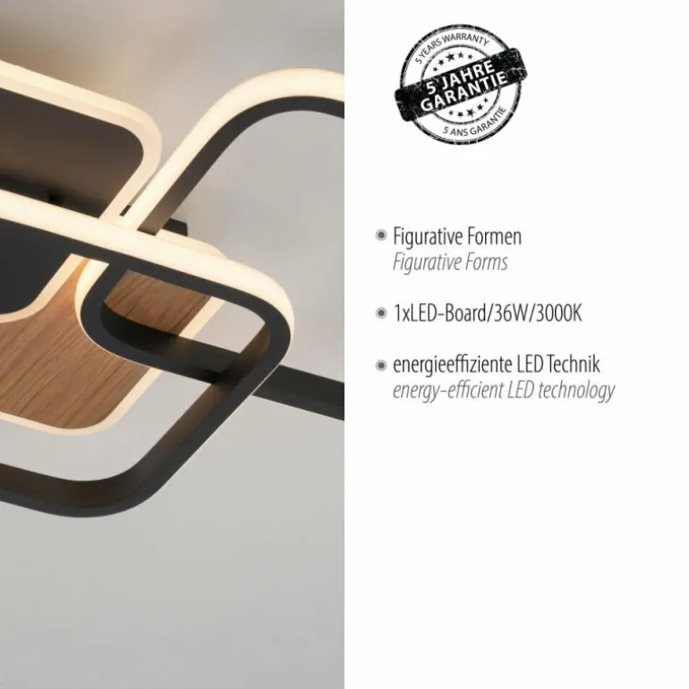 Plafonnier Leuchten-Direkt SEVENT LED Couleur bois, Noir, 1 lumière