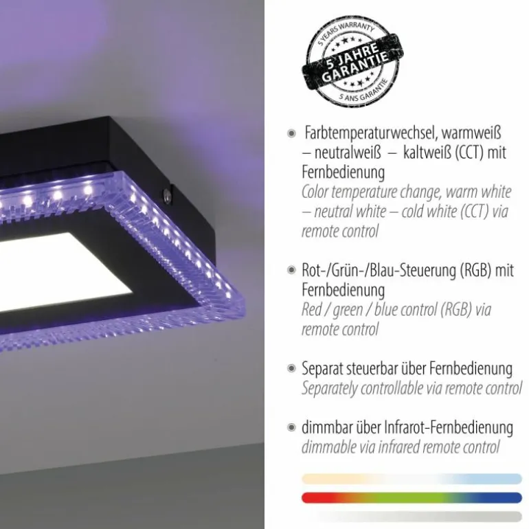 Plafonnier Leuchten-Direkt ACRI LED Noir, 2 lumières, Télécommandes