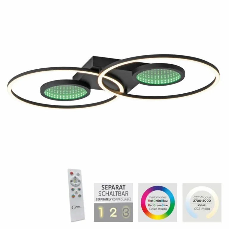 Plafonnier Leuchten-Direkt TUNEL LED Noir, 1 lumière, Télécommandes, Changeur de couleurs