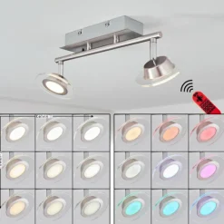 Plafonnier Marsen LED Chrome, Nickel mat, 2 lumières, Télécommandes, Changeur de couleurs