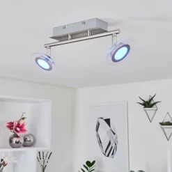 Plafonnier Marsen LED Chrome, Nickel mat, 2 lumières, Télécommandes, Changeur de couleurs