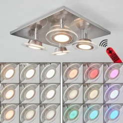 Plafonnier Marsen LED Nickel mat, 4 lumières, Télécommandes, Changeur de couleurs