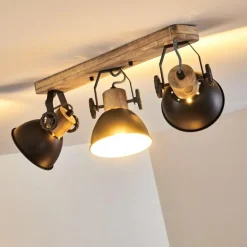 Plafonnier Orny Anthracite, Bois clair, 3 lumières