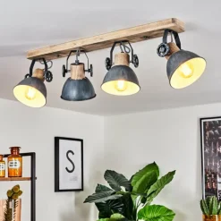 Plafonnier Orny Gris, Bois clair, 4 lumières